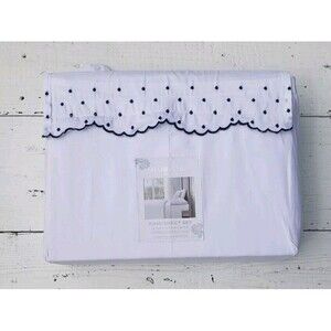 SHABBY CHIC 100% COTTON KING Sheet Set White Scalloped Embroidered Polka Dot NEW